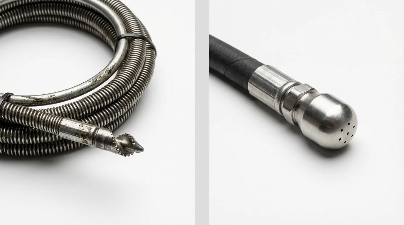 Drain snake cable and hydro jetting nozzle used for drain cleaning in Hampton, NJ