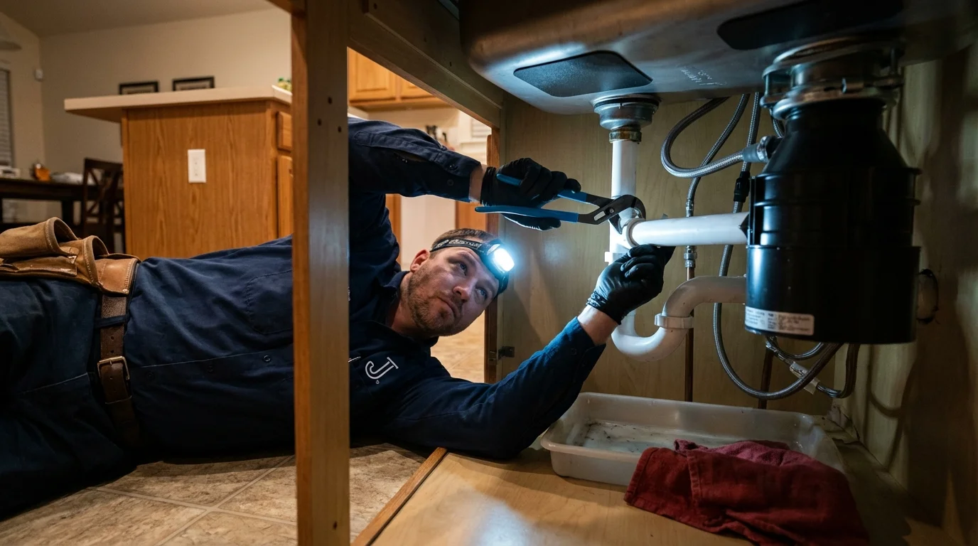 P-trap and supply line connections under a kitchen sink showing a common leak point in Hampton, NJ